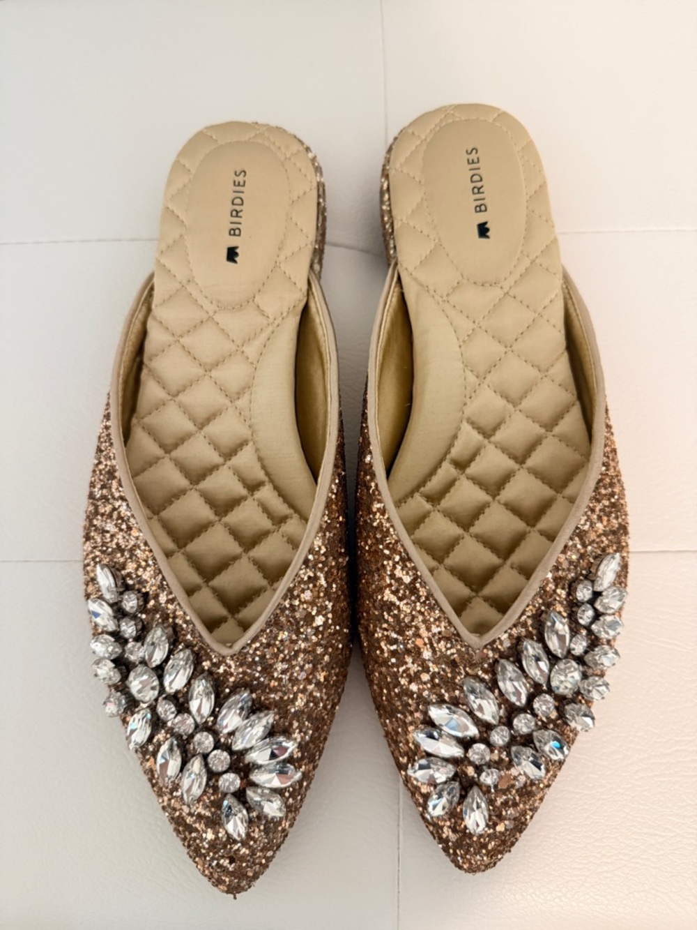 Birdies Rose Gold Glitter Crystal-Embellished Pointed Mules